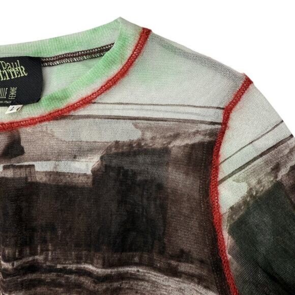 JEAN PAUL GAULTIER Vintage Long Sleeve Mesh Top Sz Large Berlin Wall City Scape - Picture 11 of 12
